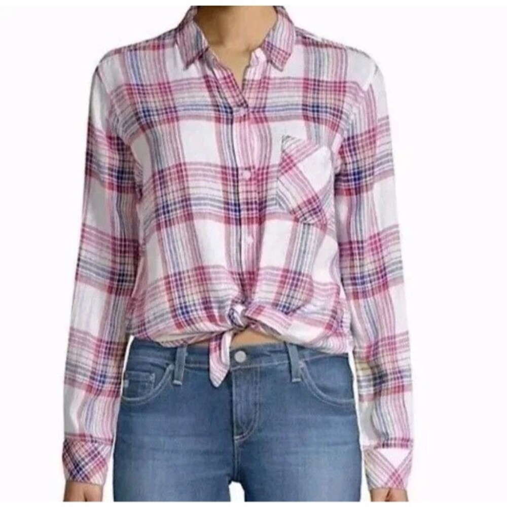 Rails Charli White Peach Fuchsia Linen Blend Long Sleeve Button Up Top Size XS
